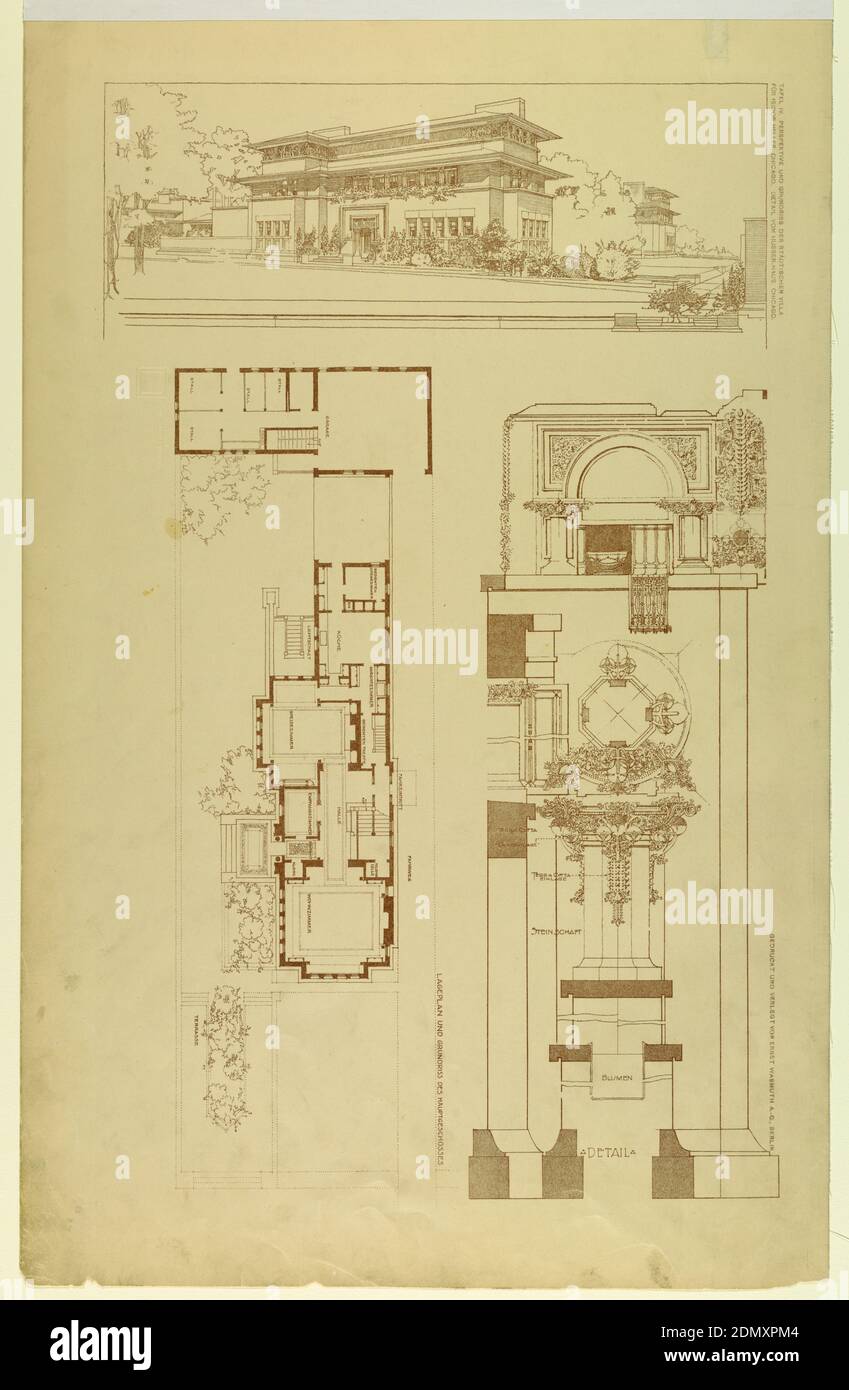 Perspective, Plan, and Detail of Heller House, Chicago, IL, Lithograph on paper, Perspective view of house along top, plan view of house on left lower 2/3, various details on right lower 2/3., Germany, Chicago, USA, 1910, architecture, Print Stock Photo