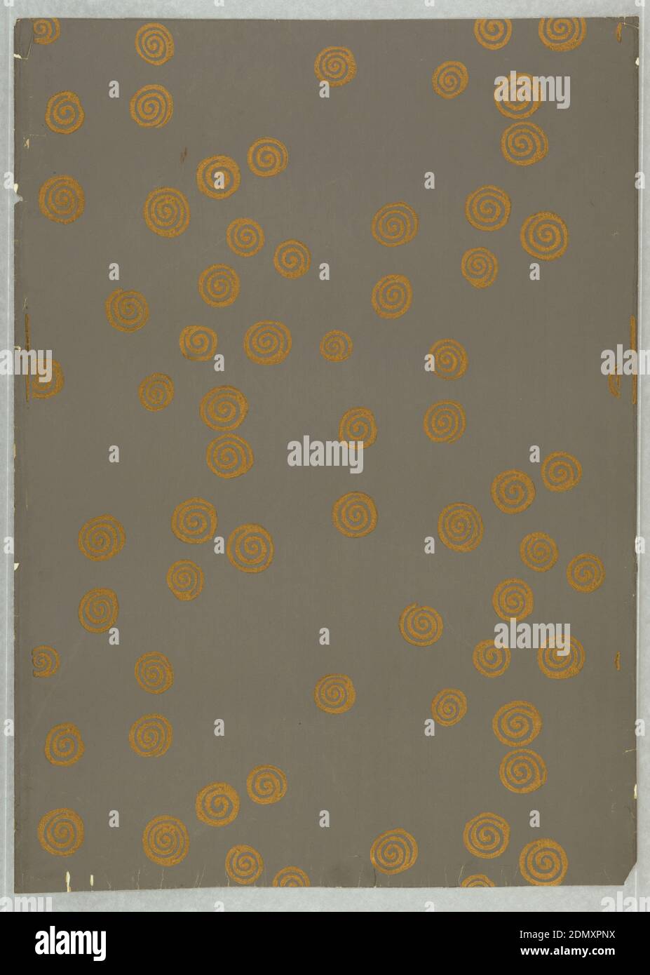 Sidewall, René Crevel, French, 1900–1935, Block-printed paper, Printed in art deco style of decoration for Nancy McClelland of New York City. Gold scrolls scattered in a haphazard way over the gray background. Printed in old Roman gold on slate gray., France, 1920, Wallcoverings, Sidewall Stock Photo
