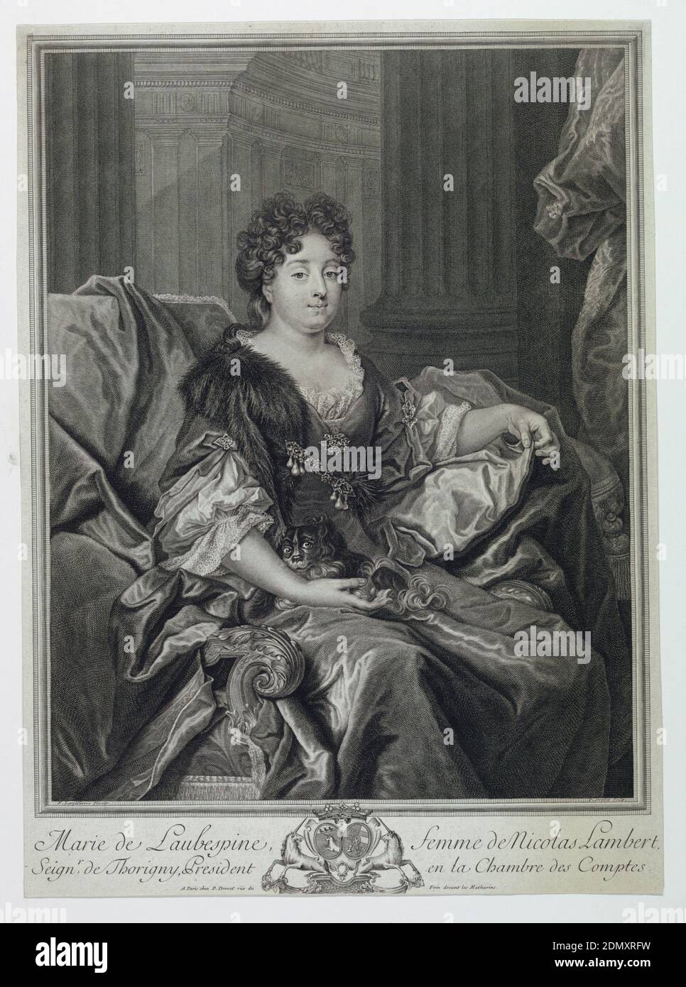 Portrait of Madame Lambert (Marie de Laubespine), Pierre Drevet, 1663 - 1738, Nicolas de Largillière, 1656 - 1746, Engraving on paper, Almost full length portrait of the young woman seated in an armchair. In three-quarter view to right. Dress has a décolleté neckline surrounded by lac. A part of the fur from her coat is over her right shoulder. She holds a dog in her lap. In background, columns, and a wall with pilasters. Inscribed, lower left: 'N. Largilliere pinxit'; lower right: 'P. Drevet Sculpt.'; lower margin: 'Marie de Laubespine, femme de Nicolas Lambert; / Seign^r. de Thorigny Stock Photo