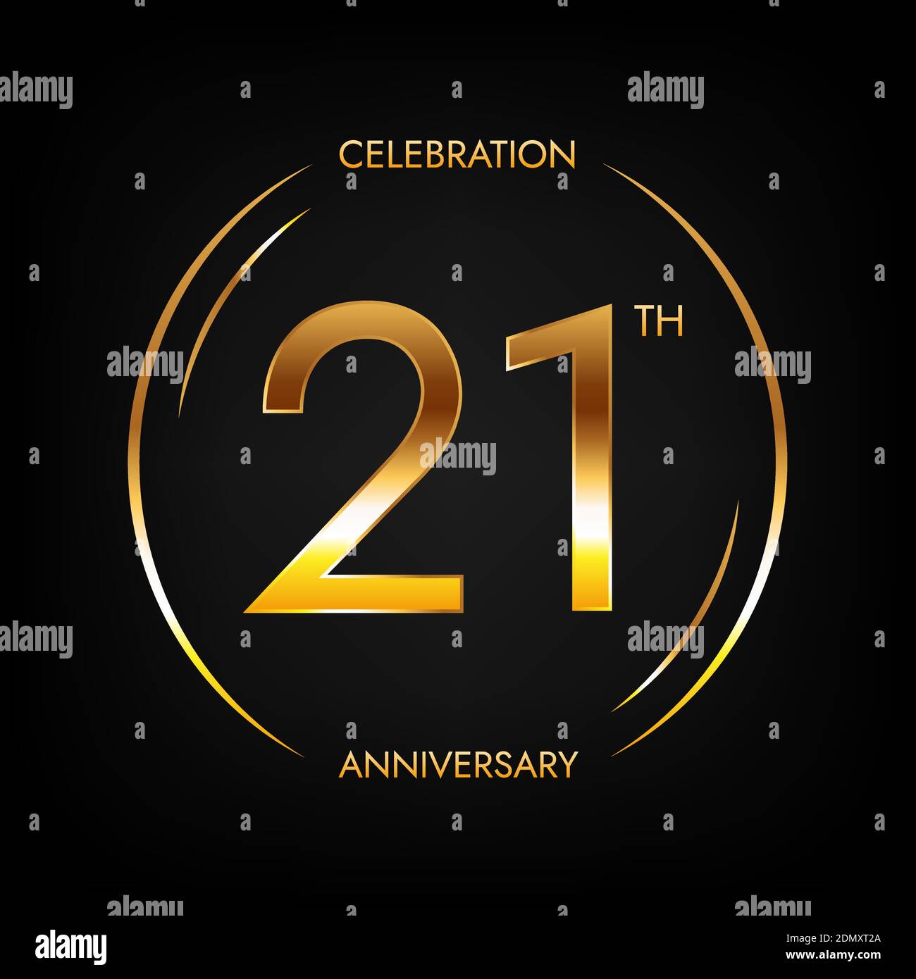 21th anniversary. Twenty-one years birthday celebration banner in bright golden color. Circular logo with elegant number design. Stock Vector