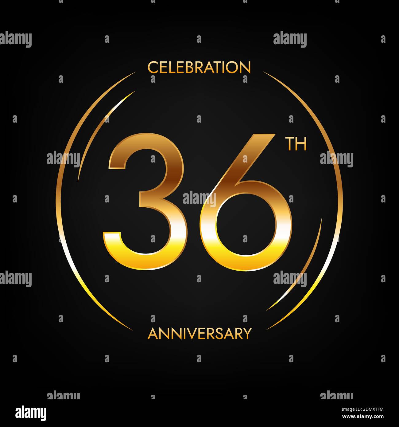 36th anniversary. Thirty-six years birthday celebration banner in bright golden color. Circular logo with elegant number design. Stock Vector