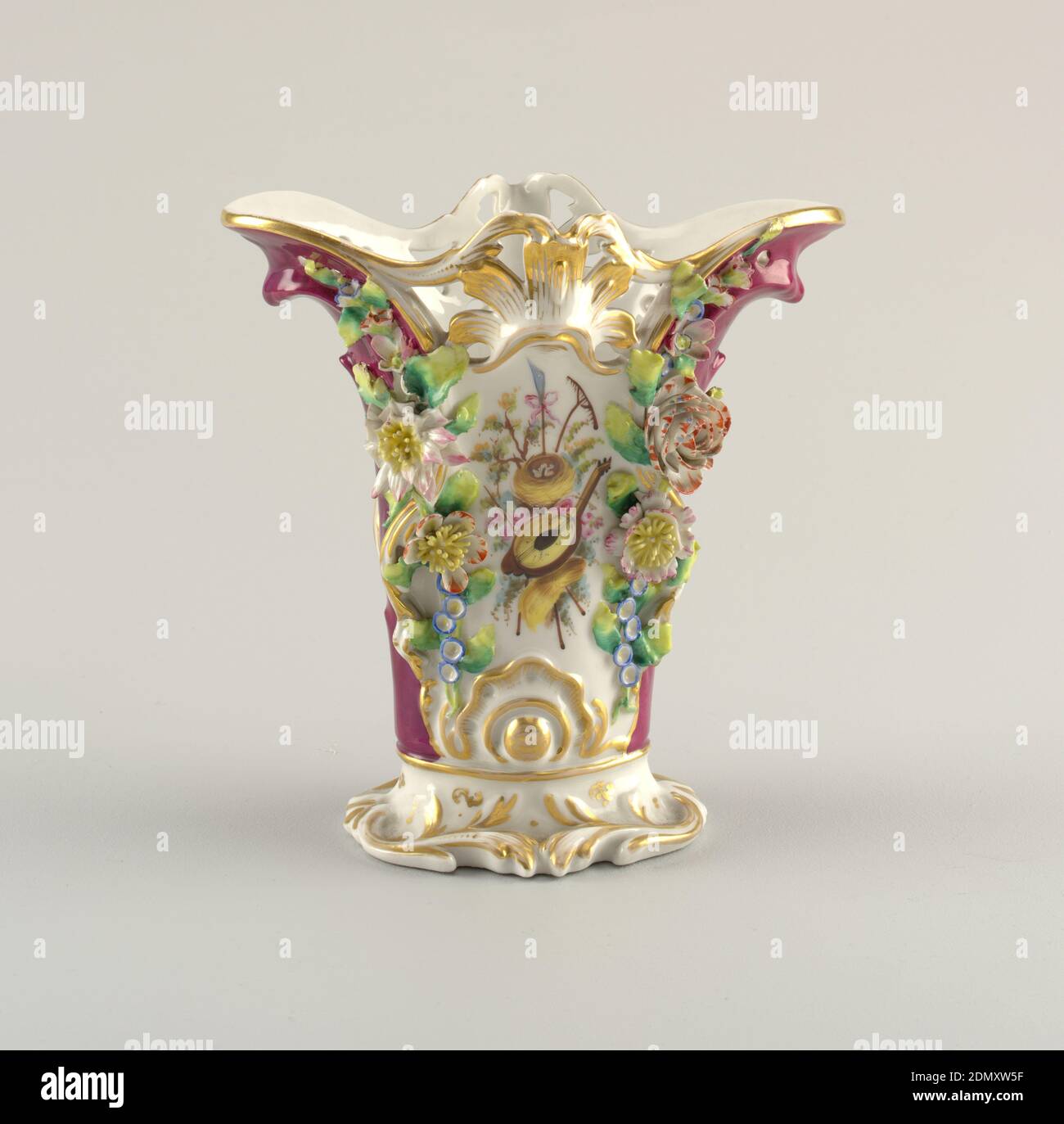 Vase with Porcelain Flower Appliqués, porcelain, vitreous enamel, gold, England, ca. 1840–60, ceramics, Decorative Arts, vase, vase Stock Photo