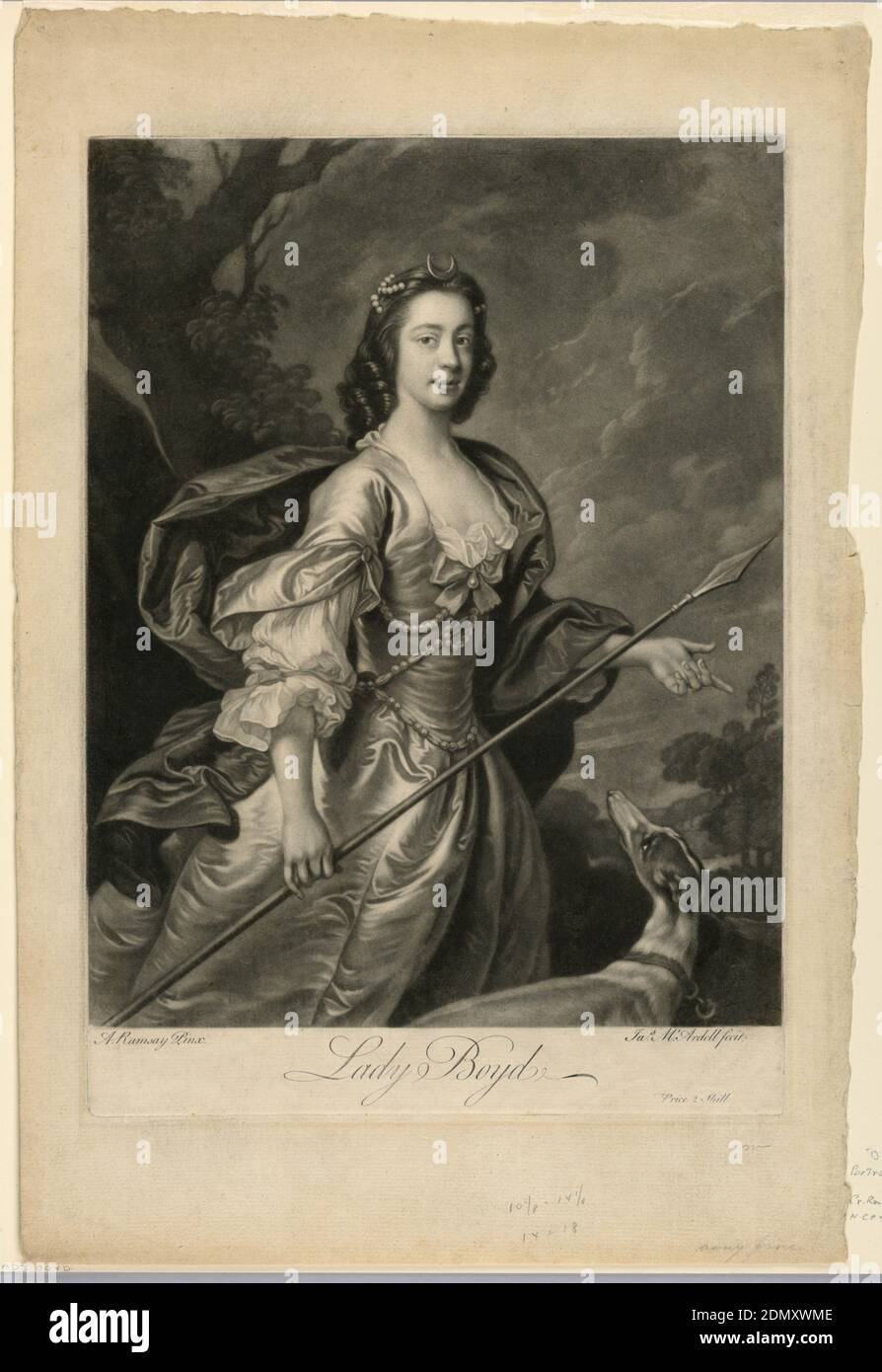 Portrait of Lady Boyd, James MacArdell, Irish, 1729 - 1765, Allan Ramsay, Scottish, 1713 - 1784, Etching on paper in black ink, Lady Boyd is depicted as Diana. She is walking from left to right accompanied by her dog at right. The portrait is knee-length in three quarter view to right. She holds a spear in her right hand., England, 1749, Print Stock Photo