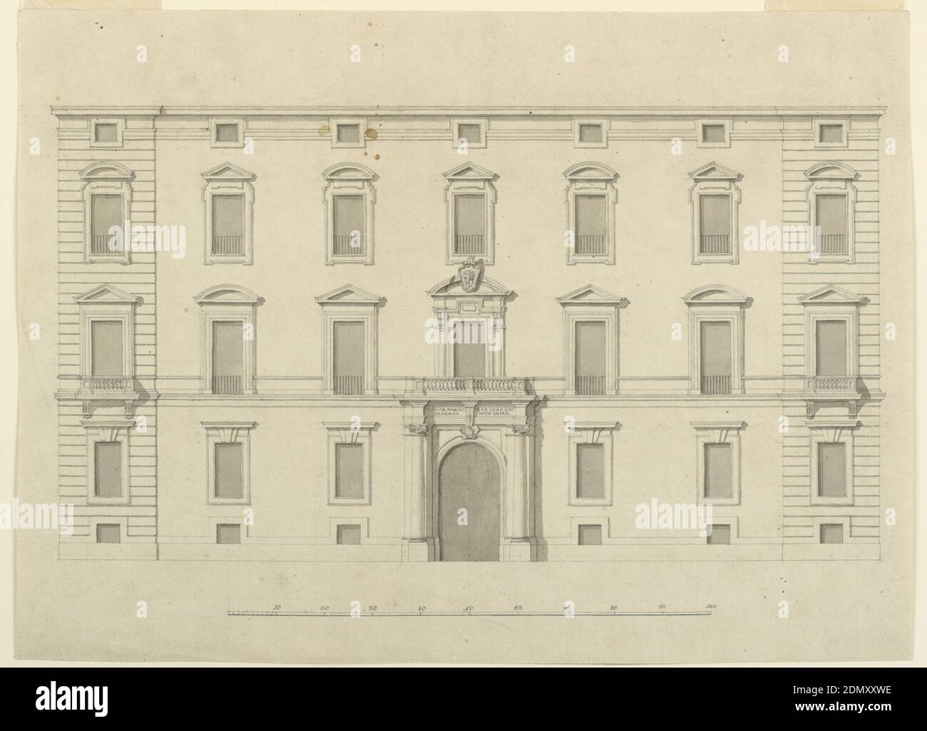 Elevation of a mansion for the marchese Genzani, Filippo Marchionni, Italian, 1732–1805, Graphite, pen and ink, brush and wash on laid paper, Three stories, basement, mansard; seven bays. The outside bays project slightly and are rustic. The windows of the basement are connected by crenellated band. The pediments of the French windows in the two upper stories are alternately triangular and circular. The coat of arms of the marchese is in the center. Inscription in the frieze of the doorway: “IO. IACOB. MARINI MAR. GENZANI / MAGNAS HISPANIAR [um].” Straight molding on top. Bottom: scale., Italy Stock Photo
