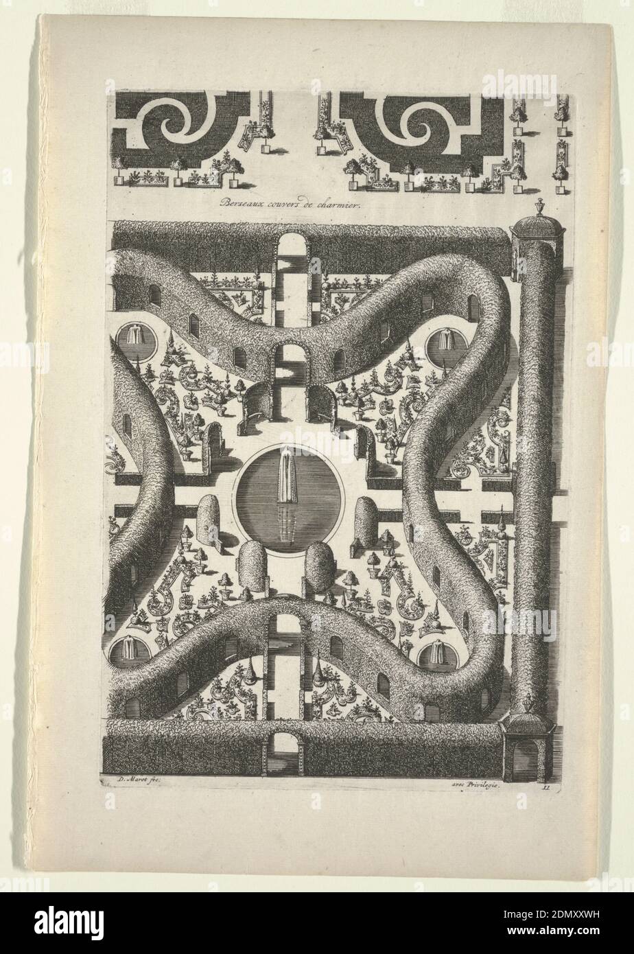 Design for a Garden Parterre of Cut Grass and Colored Gravel, from Nouveaux Livre de Parterres (New Book of Garden Beds) from Oeuvres du Sr. Marot, Daniel Marot, French, active in the Netherlands and England, 1661–1752, Pierre Husson, Etching on cream laid paper, Garden design with four curved points and fountain with statue at center., ca. 1700, architecture, Print Stock Photo