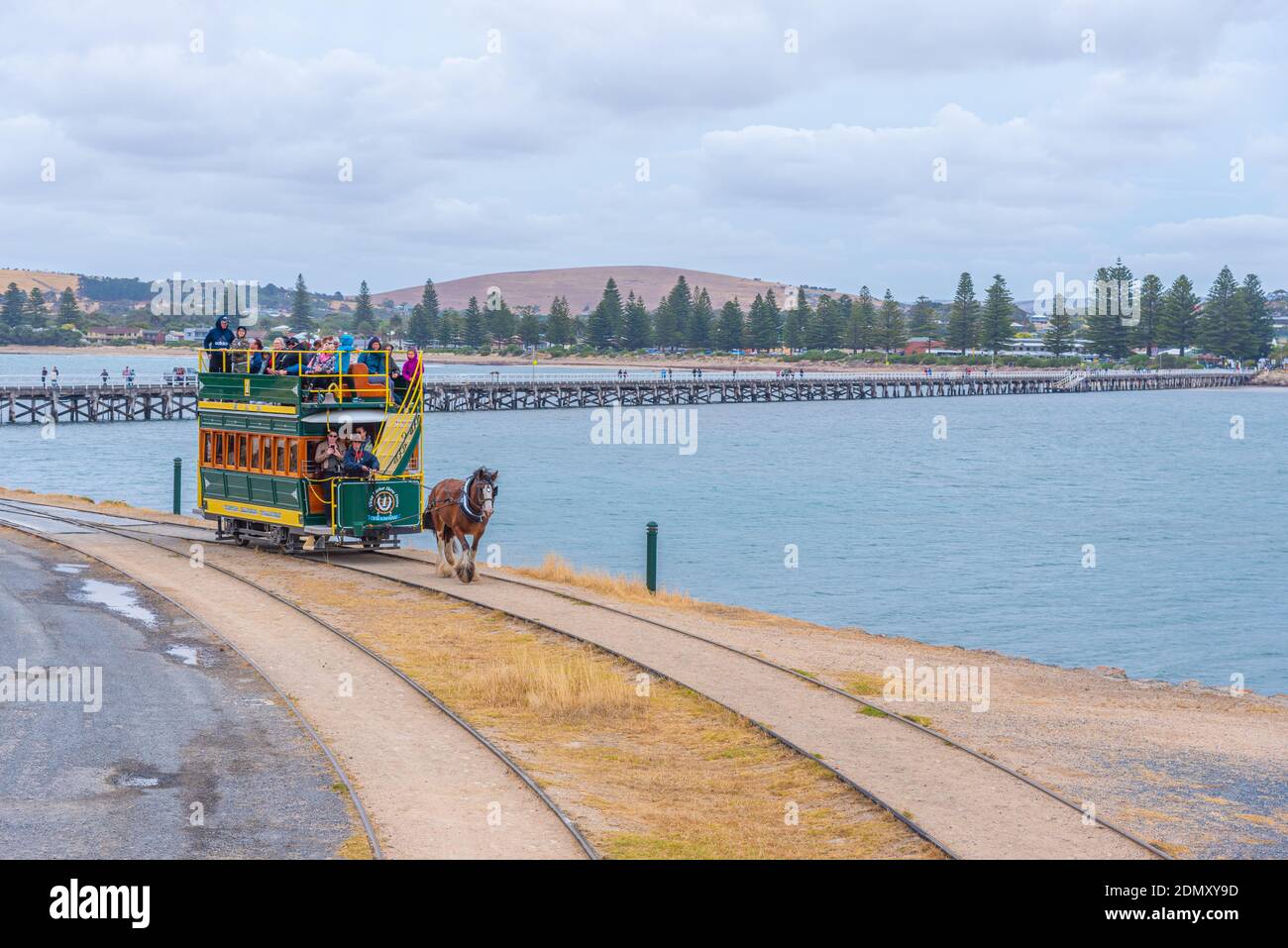 VICTOR HARBOR, AUSTRALIA, JANUARY 5, 2020: Horse drawn tram on a wooden causeway at Victor Harbor, Australia Stock Photo