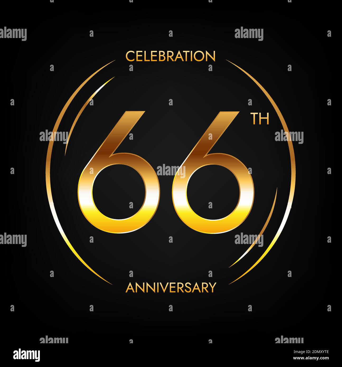 66th anniversary. Sixty-six years birthday celebration banner in bright golden color. Circular logo with elegant number design. Stock Vector