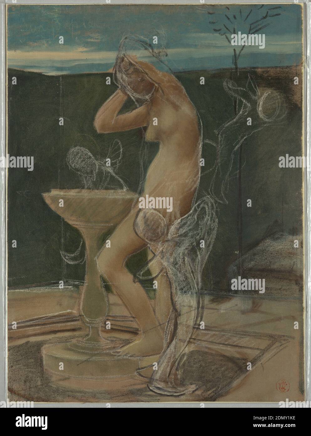 Study of a Woman at Her Bath, Pierre-Victor Galland, Swiss, active France, 1822 - 1892, charcoal, oil on canvas, Vertical orientation. Scene of a bather at a basin in a small walled enclosure, with indication of three putti around her., France, late 19th century, figures, Drawing Stock Photo