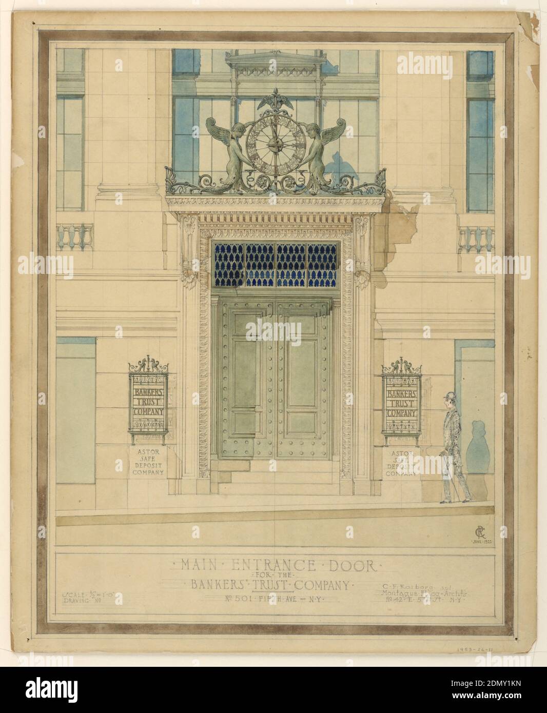 Design for main entrance door for the Bankers' Trust Company, New York, NY, Graphite, brush and watercolor, gold tempera on illustration board, Elevation of design for main entrance to the bank building. A pair of bronze doors surmounted by grille panels, enclosed within a monumental stone frame composed of classical motifs and borders. A projecting entablature above with a clock supported by two winged figures. Lettered, lower center: MAIN-ENTRANCE.DOOR / FOR. THE . / BANKERS’ . TRUST. COMPANY. / No 501-Fifth Ave-N.Y. Inscribed in lower right: C. F. Rosborg. and . / Montague. Flagg. Archts Stock Photo