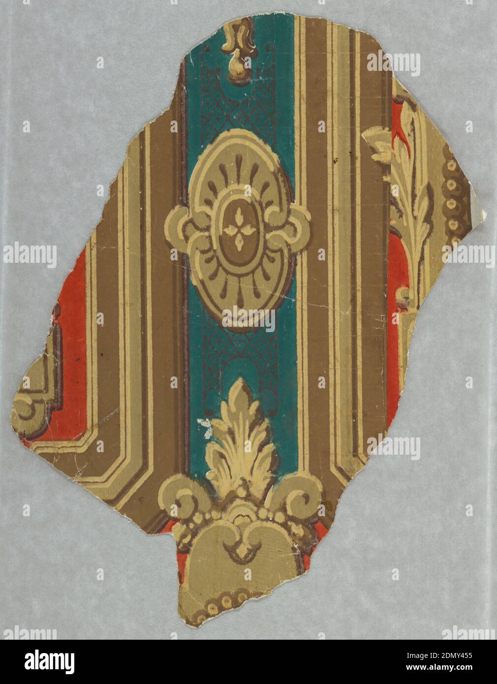 Sidewall, Machine-printed, Fragment of papers with badly matched joins, showing an architectural arrangement of panelling with two cartouches., possibly USA, ca. 1870, Wallcoverings, Sidewall Stock Photo