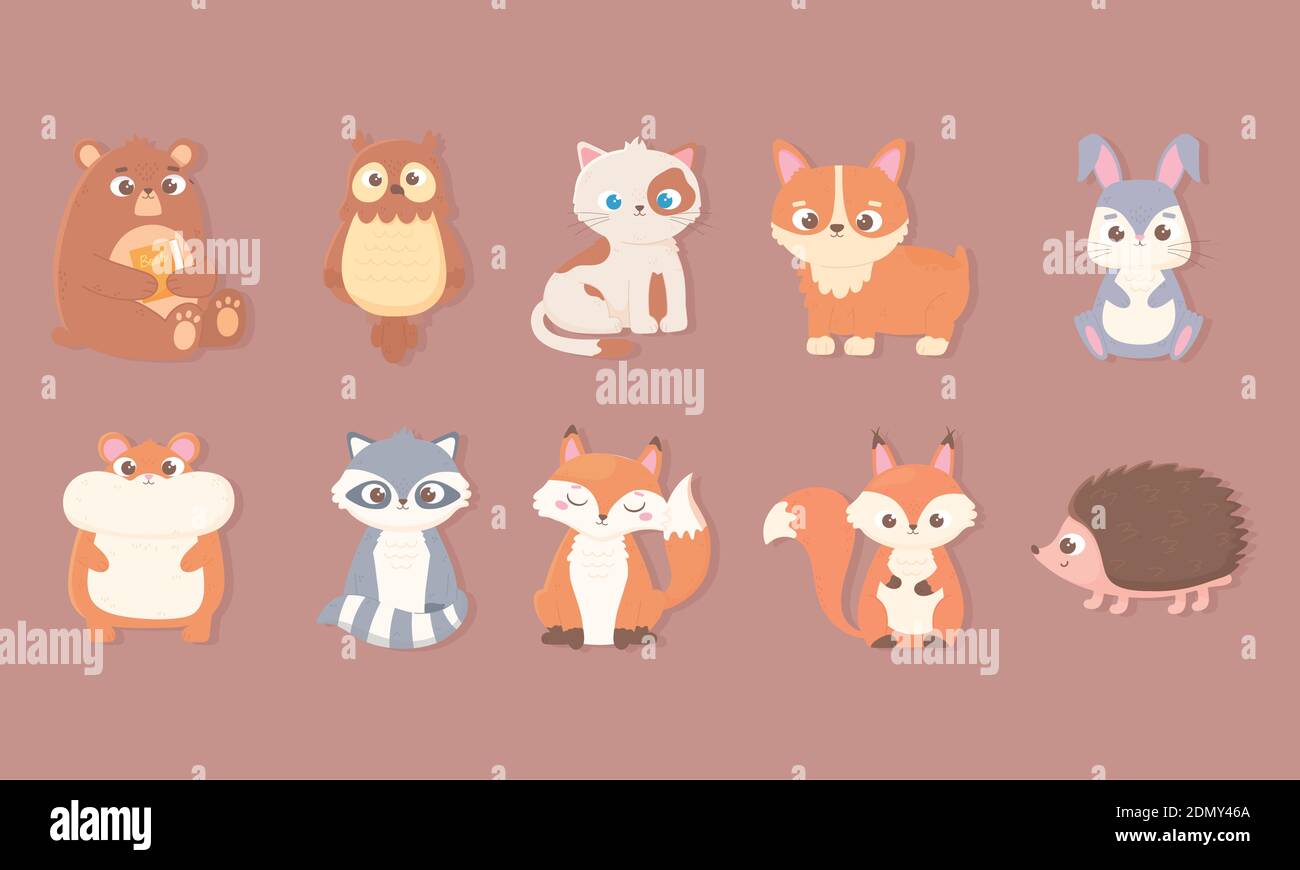 cute animals icons set with bear rabbit owl cat dog hamster fox raccoon ...