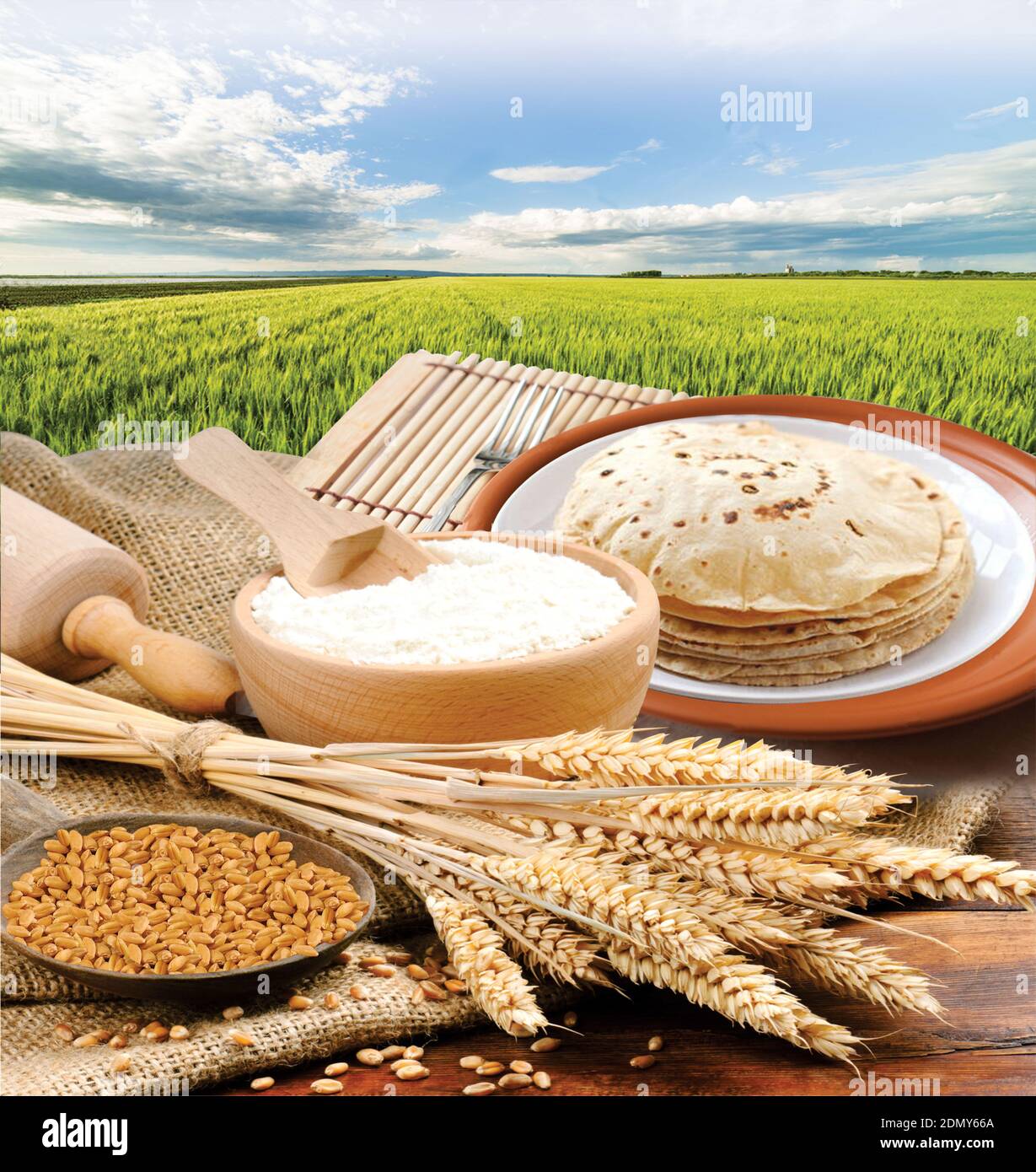 Wheat Flour Chapati Roti Bunch Of Wheat Ears Dried Grains Flour In wheat-flour-chapati-roti-bunch-of-wheat-ears-dried-grains-flour-in