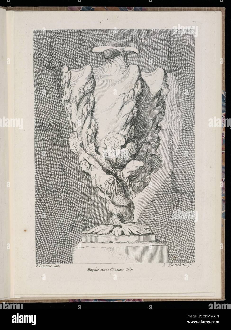 Plate 11, Livre de vases (Book of Vases), François Boucher, French, 1703 – 1770, A. Bouchet, French, active ca. 1730-1740, Chez Le Pere et Avaulez, Paris, France, Etching on cream laid paper, Folio 11, plate 11 of a series of 12. Design for a vase influenced by shell forms to be executed in metal, placed on a pedestal. The body, accentuated with rocky ribs and sea plant forms, rests upon a siren mermaid figure at left and a triton at right, their tails intertwined to form the base., Paris, France, 1738–72, metalwork, Bound print Stock Photo