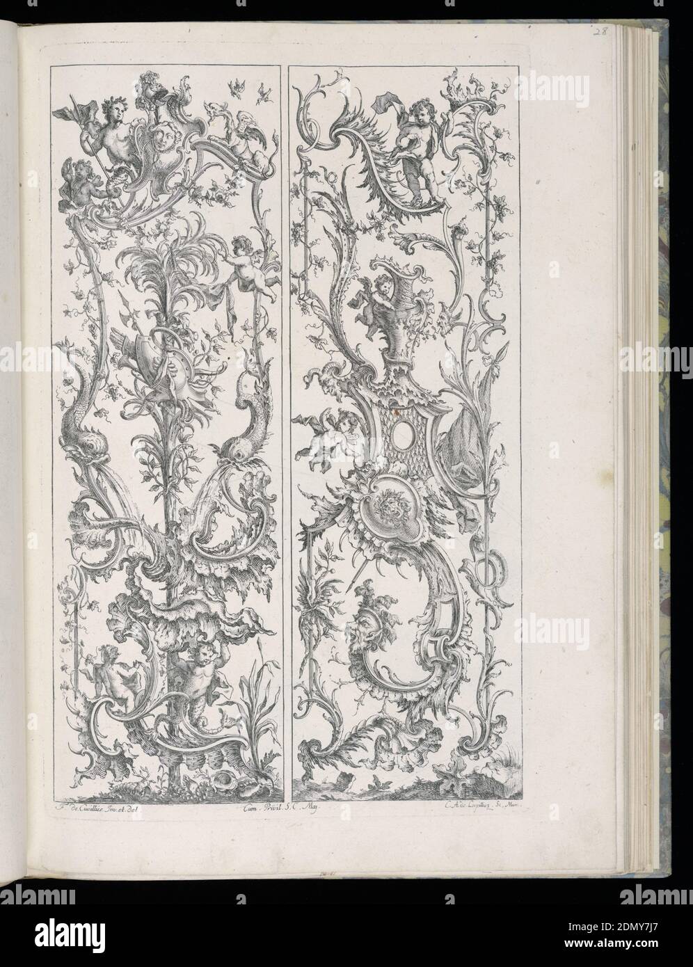 Two Upright Panels, Livre de Paneaux irréguliers (Book of Irregular Panels), François de Cuvilliés the Elder, Belgian, active Germany, 1695 - 1768, Carl Albert von Lespilliez, German, 1723 - 1796, François de Cuvilliés the Elder, Belgian, active Germany, 1695 - 1768, Engraving on paper, Two designs for upright panels in Rococo style. Left panel: a palm tree with an armorial trophy at center, flanked by two dolphins spewing water below. Above, a group of putti, a male figure, and a dragon. Right panel: rocaille motifs with an urn at center. Various putti throughout., Munich, Germany, 1738 Stock Photo