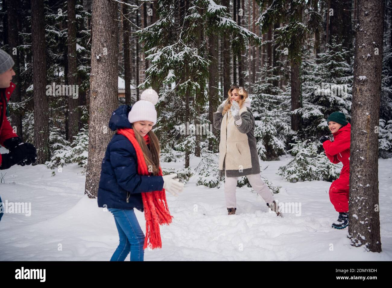 Family on a walk in the winter snow forest playing snowballs Stock ...