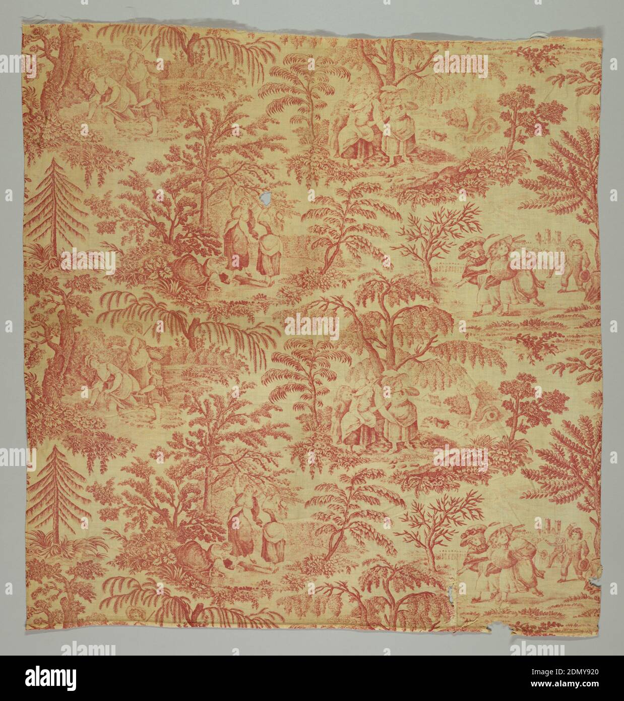 Textile, Medium: cotton Technique: printed by engraved roller on plain weave, Four different scenes of children playing and young women collecting nuts. In red on white., England, 1805–1810, printed, dyed & painted textiles, Textile Stock Photo