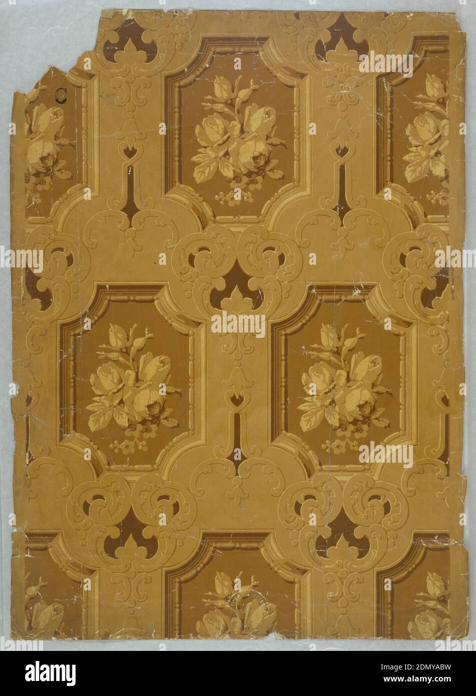 Sidewall, Block-printed and glazed, Glossy-finished paper in browns, with scroll-work, and simulated inset panels with enframed bunches of roses., England or France, 1860–70, Wallcoverings, Sidewall Stock Photo