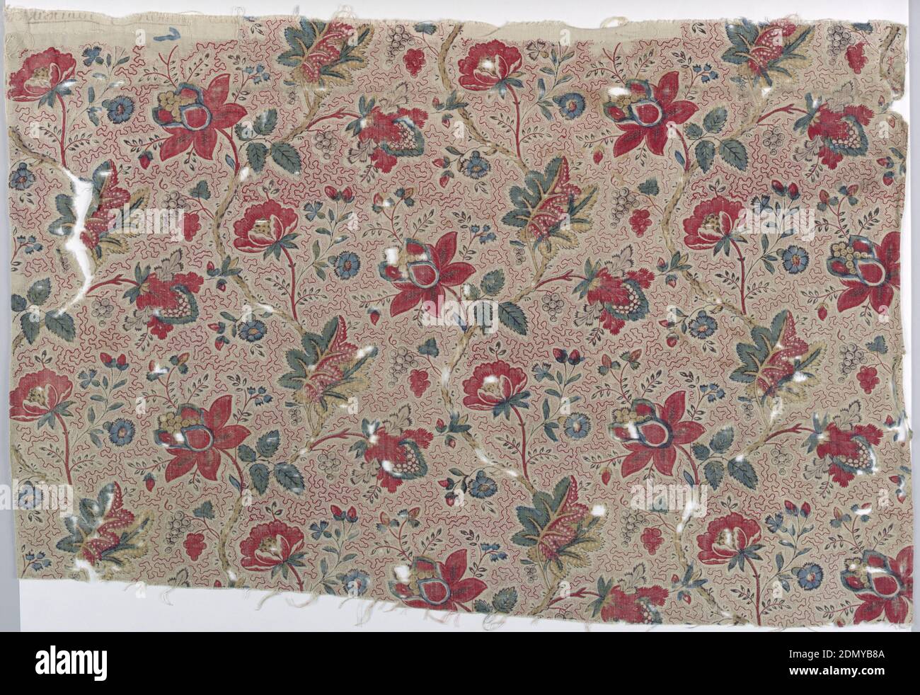 Textile, Medium: linen warp, cotton weft Technique: block printed on plain weave, Polychrome design of flowers and stems on a vermicular background., France, 1785–95, printed, dyed & painted textiles, Textile Stock Photo
