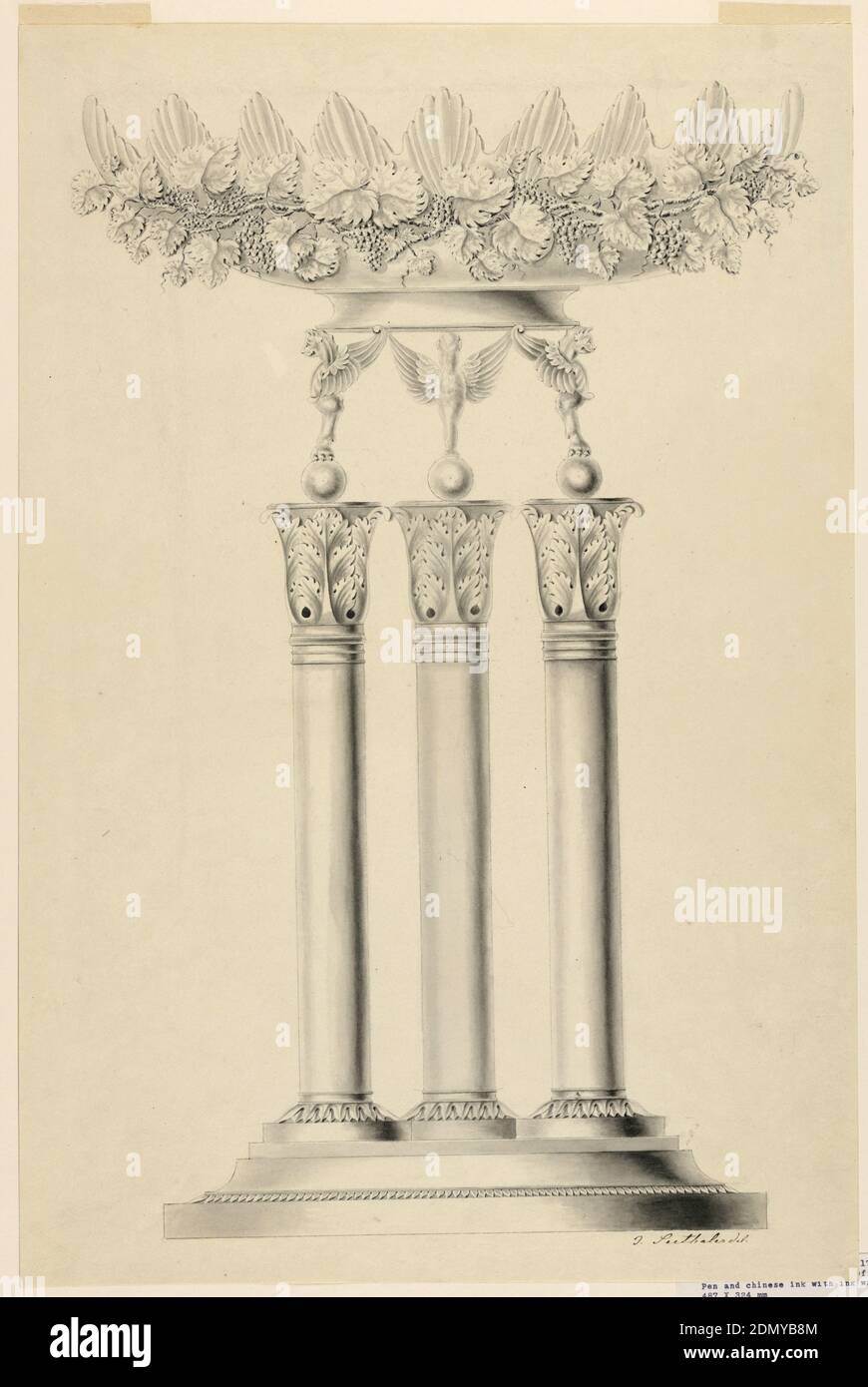 Design for the Silver Mount for a Glass Fruit Bowl, Joseph Anton Seethaler II, German, 1799–1868, Pen and black ink, brush and gray wash on paper, Chimeras standing upon three columns support the base of a bowl with scalloped top edge. It is surrounded by grape vines., Augsburg, Germany, 1825–35, metalwork, Drawing Stock Photo