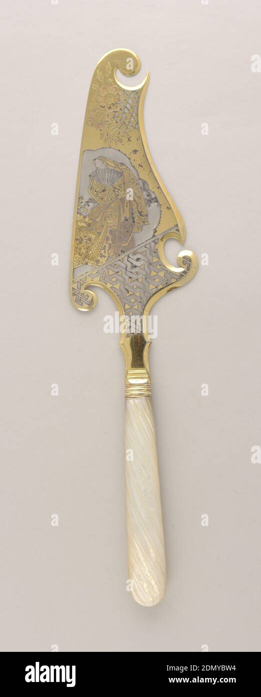 Cake server, F. Nicoud, French, active 1890, Cast silver, gilt silver,  carved mother-of-pearl, Undulating gilt blade decorated with flowers,  geometric patterns, Japanese woman with fan., Paris, France, ca. 1890,  cutlery, Decorative Arts,