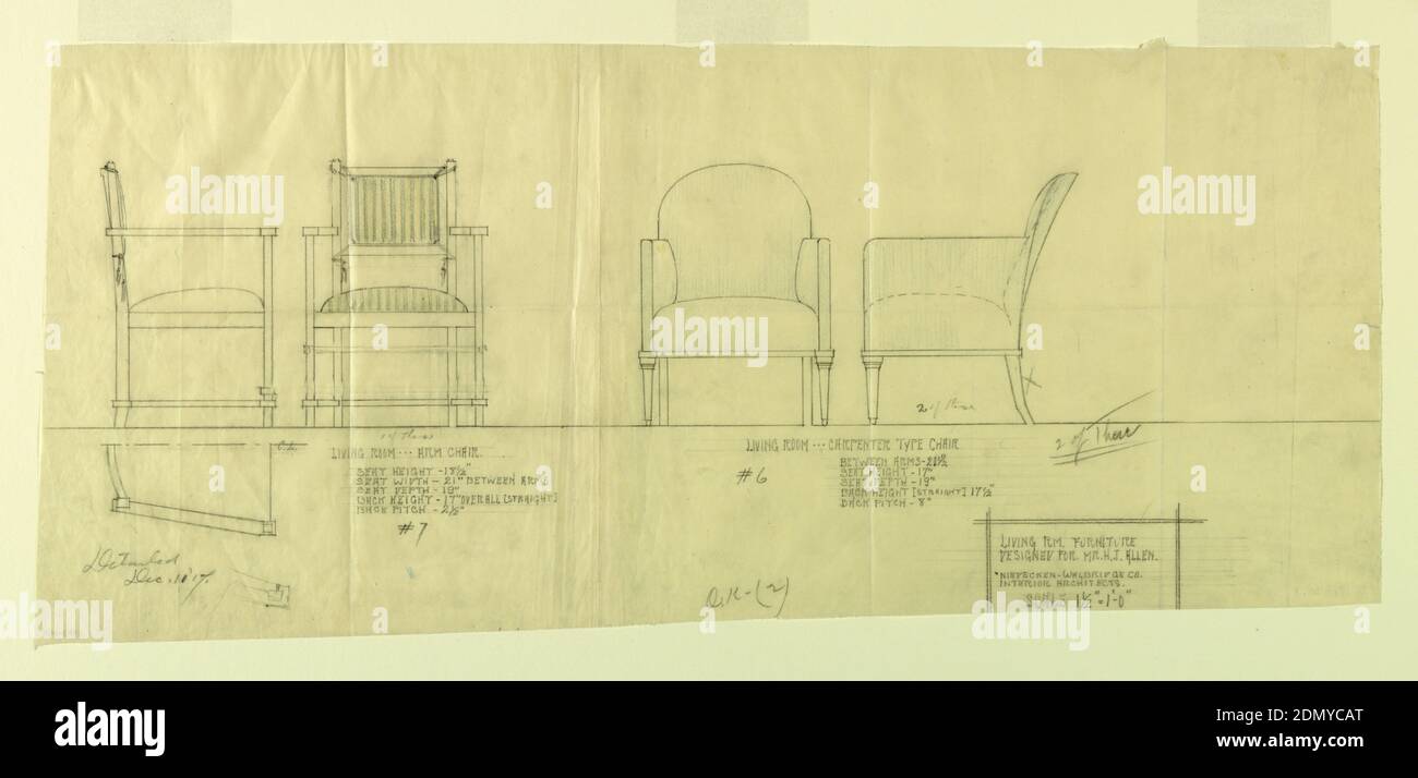 Living Room Arm Chair and Carpenter-Type Chair, Henry J. Allen Residence, Wichita, Kansas, George Mann Niedecken, 1878–1945, Henry J. Allen, Elsie J. Nuzman (Mrs. Henry J.) Allen, Graphite on tracing paper, Page with two armchairs. Left, wood frame chair with striped fabric upholstery on seat and back in striped fabric. Right, chair covered in upholstery with wood legs., USA, 1917, furniture, Drawing Stock Photo