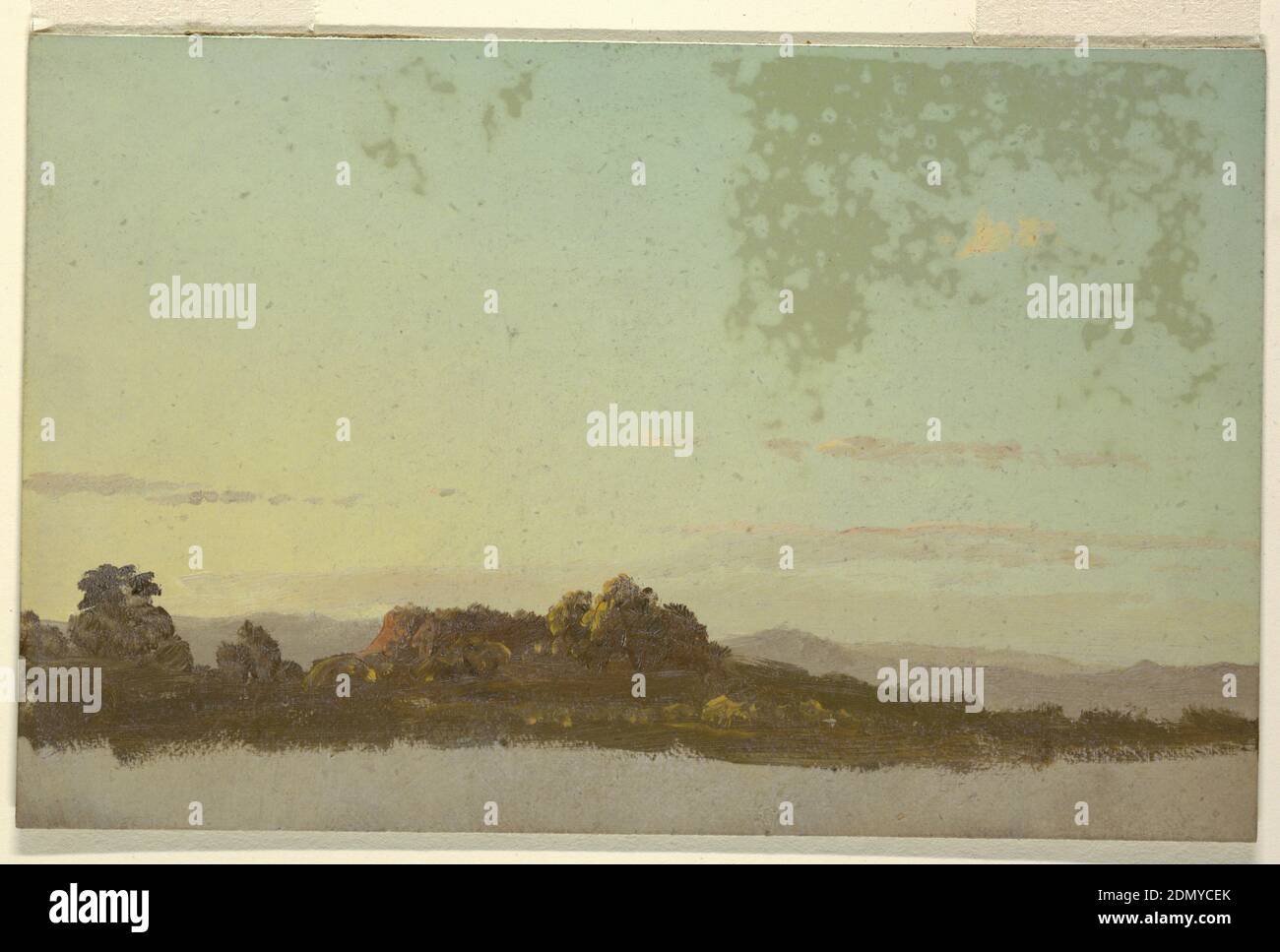Summer landscape, Frederic Edwin Church, American, 1826–1900, Brush and oil on cardboard with gray back., A wooded hill ridge is shown in the foreground. Mountain ranges are in the rear. High sky with a few clouds. Bottom margin showing gray ground color., USA, 1870–80, landscapes, Drawing Stock Photo