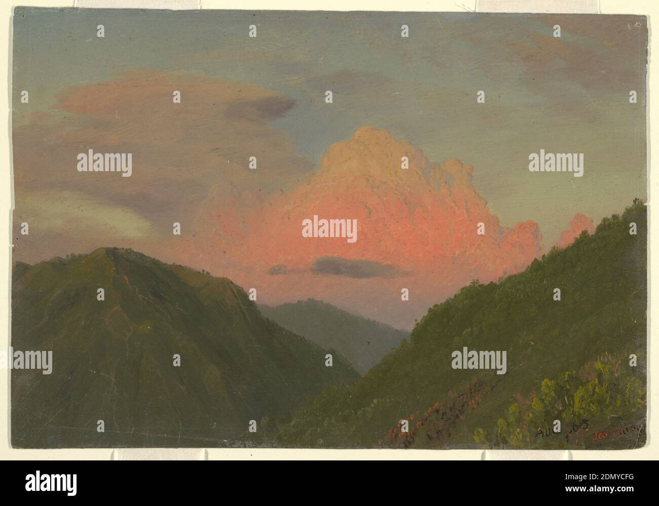 Sunset over Hilltops, Jamaica, West Indies, Frederic Edwin Church, American, 1826–1900, Brush and oil paint, graphite on thin cream paperboard, Cloudy sky over hilltops., USA, August 1865, landscapes, Drawing Stock Photo