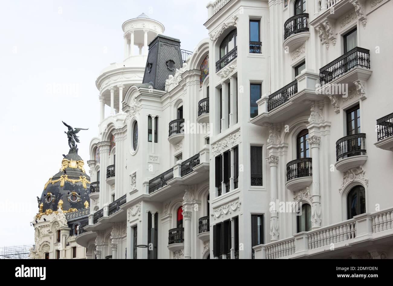 La Union y El Fenix white building facade at Alcala Street in downtown Madrid. Most representative skyline in the capital of Spain Stock Photo