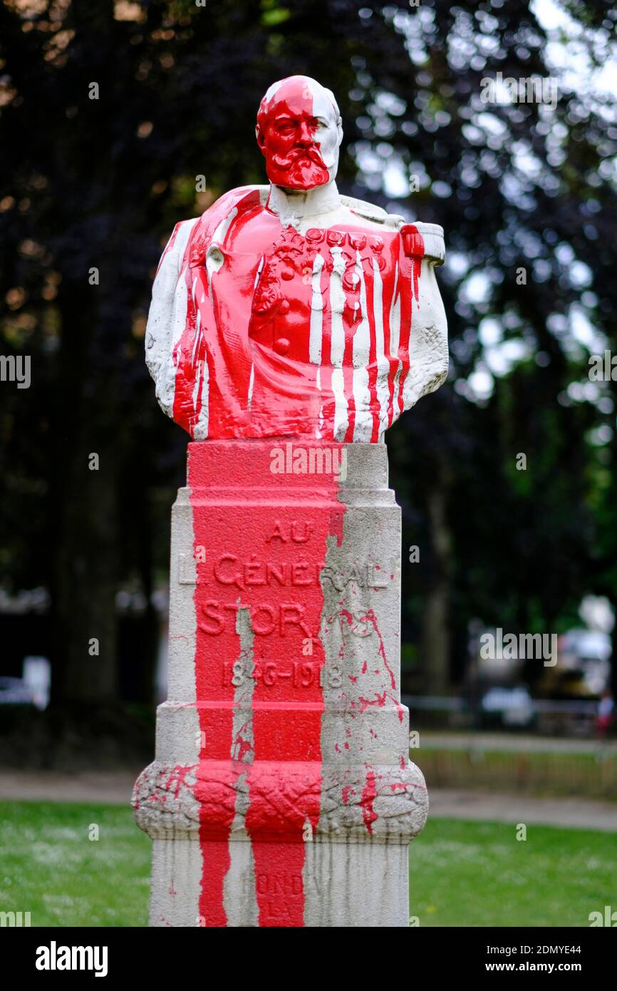 Belgium, Brussels, June 14, 2020: vandalized statue of Emile Storms, one of the Belgians commissioned by King Leopold II to colonize the Congo in the Stock Photo