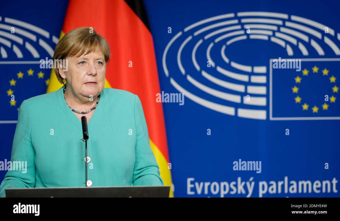 Belgium, Brussels, on July 8, 2020: official visit of German Chancellor Angela Merkel to the European Parliament Stock Photo
