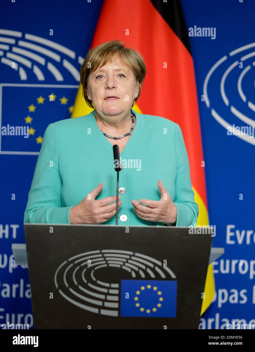 Belgium, Brussels, on July 8, 2020: official visit of German Chancellor Angela Merkel to the European Parliament Stock Photo