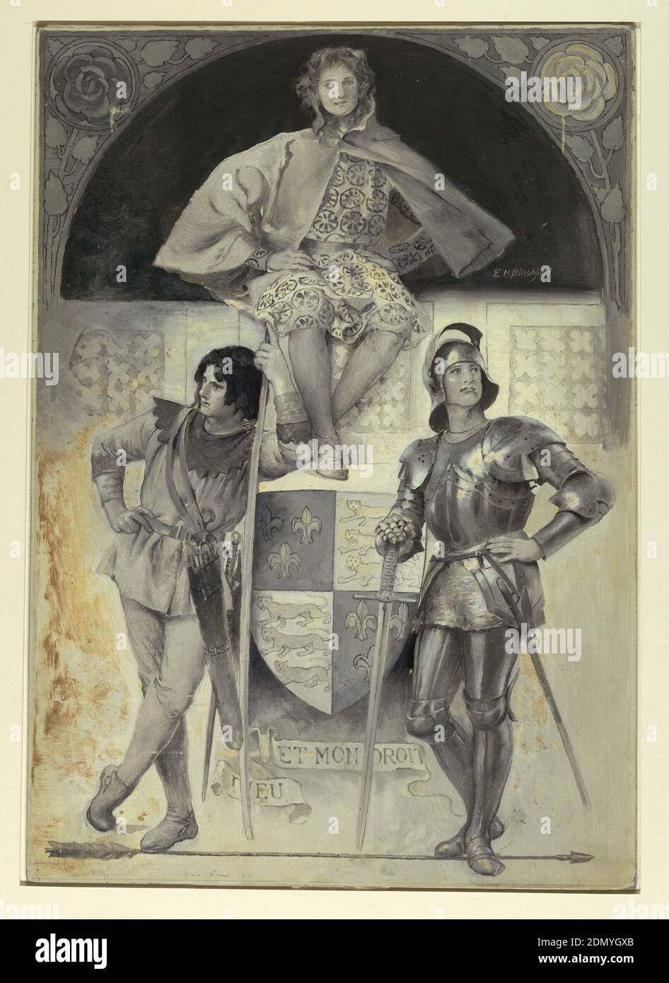 Pages and Knights, Frontispiece for 'The Man at Arms', Edwin Howland Blashfield, American, 1848–1936, Brush and black, grey and white oil paint on illustration board, At right a figure stands in full armor with his helmet up; his left hand is on his waist, and his right rests on the hilt of a sword. Another figure stands at left, leaning on a staff with a quiver of arrows hanging from his waist. Both figures stand on a long arrow that spans the width of the board. The figures flank a shield, with charges of fleurs de Lille and lions, and a banner bearing the motto: 'Dieu et Mon Droit.' Stock Photo