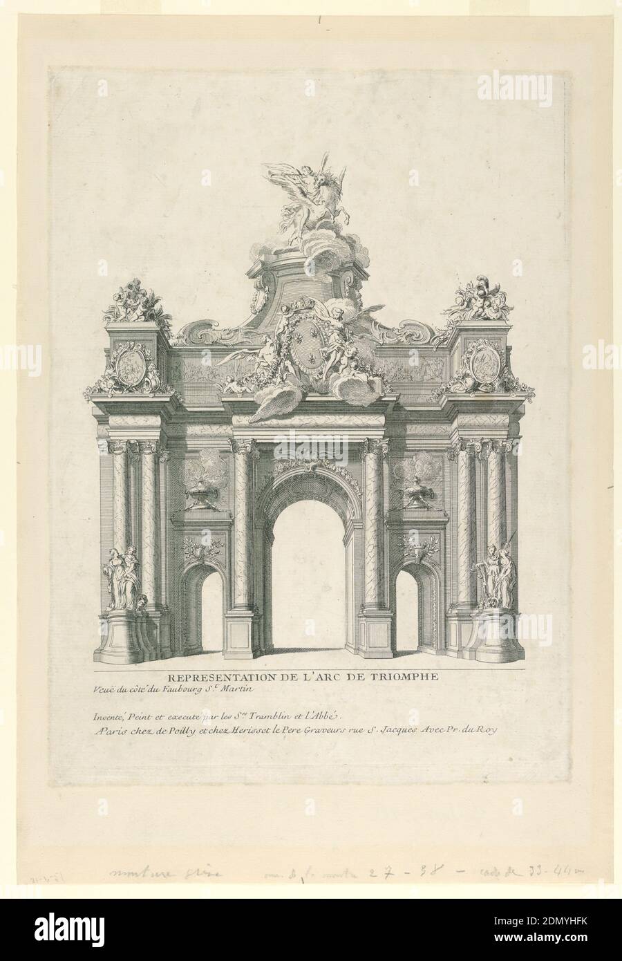Elevation of a Temporary Trumphal Arch, Nicolas Jean-Baptiste de Poilly, French, 1712–after 1758, Antoine Hérisset, French, 1685 - 1769, Charles André Tramblin, French, active mid-18th century, Joseph Labbé, Etching with engraved parts on paper, Arch erected on account of a festive happening in the Royal family. Arch with three openings, showing in the center of the attic a royal French coat of arms, animals, and puttos, and on top a statue of a genius on Pegasus., France, ca. 1750, Print Stock Photo