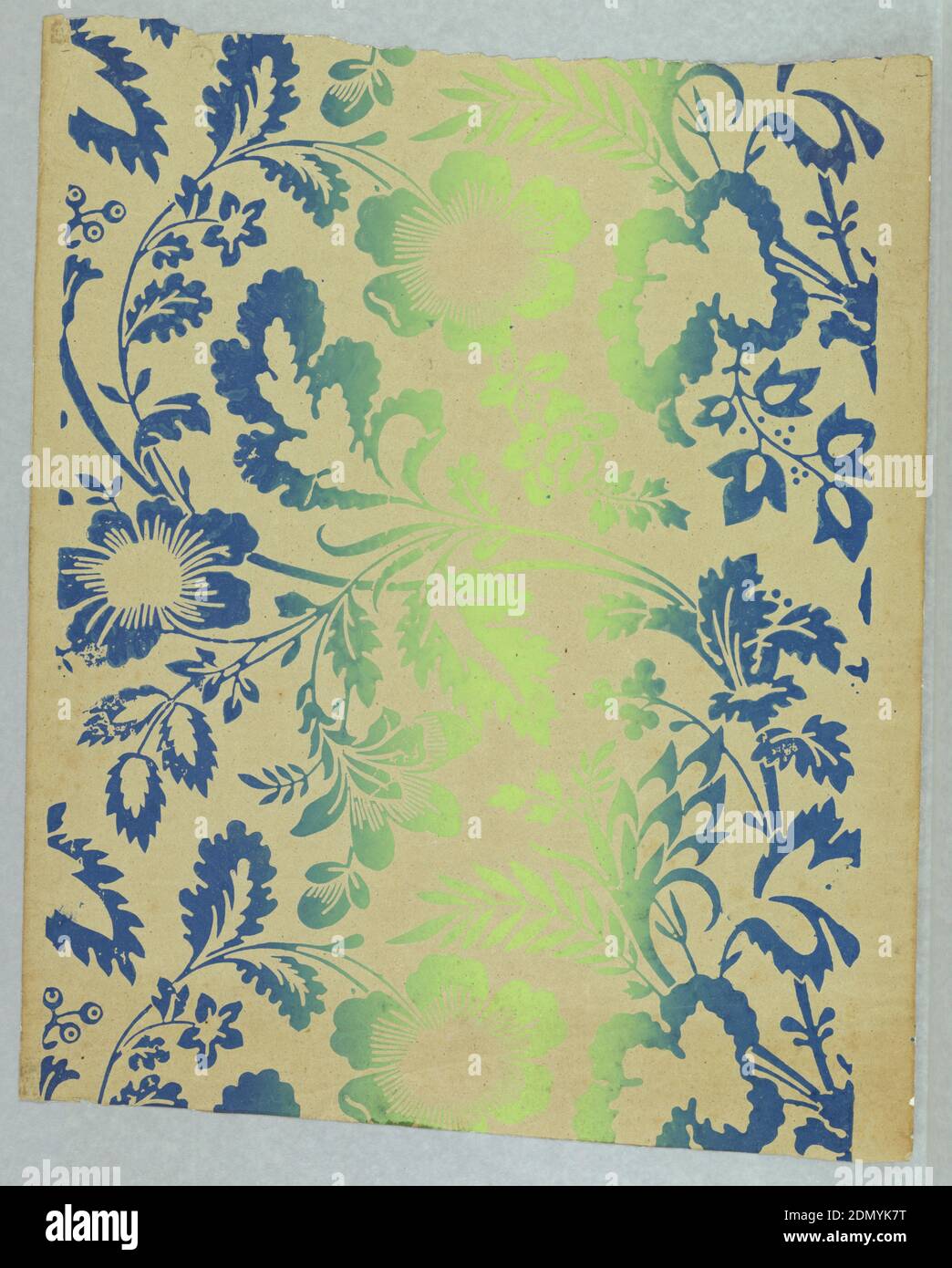 Sidewall, Block-printed, Irise or rainbow paper. Full width of paper giving repeat of large-scale arabesque of flowers and foliage in graded color, ranging from blue along edges to green down center., possibly USA, ca. 1830, Wallcoverings, Sidewall Stock Photo