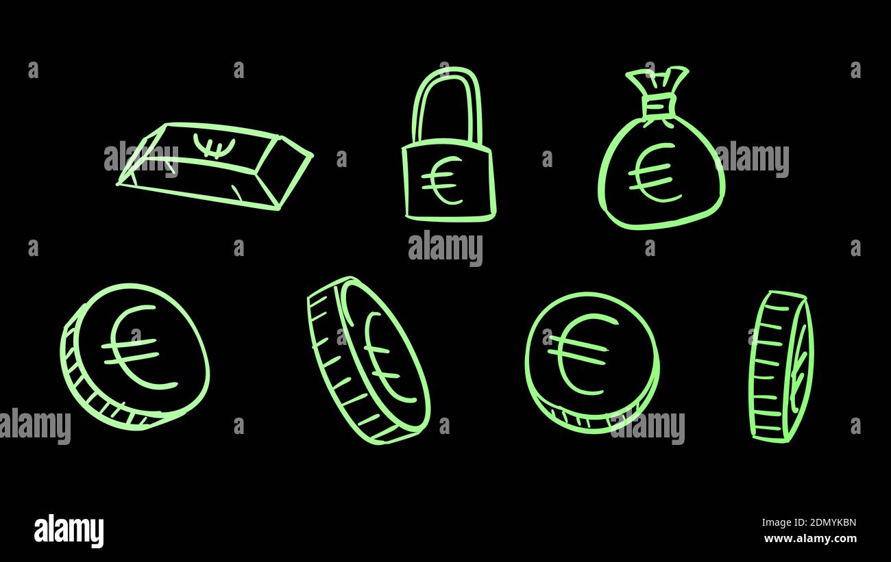 Hand drawn green business euro symbols. 2d money illustration with ...