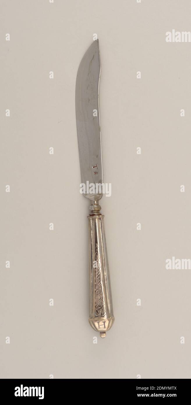 Dinner Knife, silver, steel, Saber-shaped blade with concave bolster. Tapered silver handle with segmented panels to form rectangular profile. Front and back panels chased with decorative pattern fluted end with raised knop. Handle engraved at end with 'A' (converse) and 'H' (reverse)., possibly Germany, ca. 1730–40, cutlery, Decorative Arts, knife, knife Stock Photo