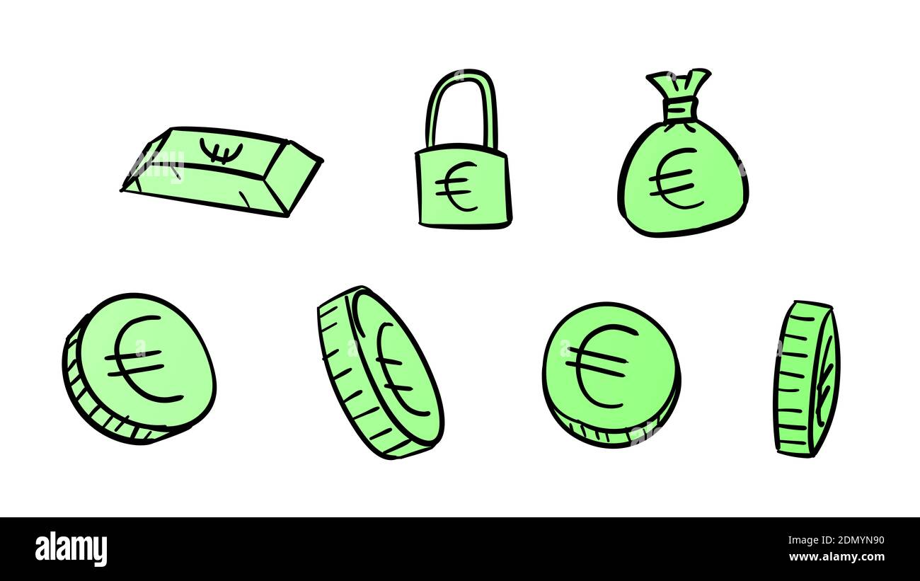 Hand drawn green business euro symbols. 2d money illustration with ...