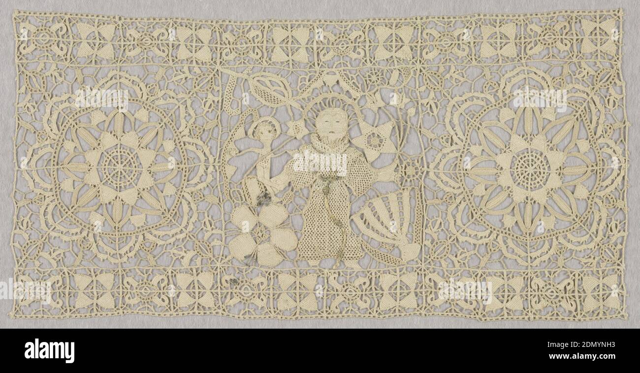 Border, Medium: linen, gold metallic foil wound onto yellow silk Technique: grid of laid cords with needle lace (reticella style) Label: linen and metallic needle lace, Fragment of a deep lace border with figures of St. Anthony and the Christ Child, flanked by large geometric rosettes, interspersed with floral and foliated forms. Upper and lower borders have geometric motifs in an alternating pattern., Italy, early 17th century, lace, Border Stock Photo