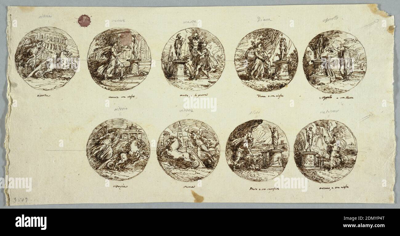 Nine Circular Compositions with Diety Subject Matter, Felice Giani, Italian, 1758–1823, Pen and brown ink, brush and brown wash on cream laid paper, Nine compositions: 1. chariot of victory holding mace in right hand. Coliseum shown in rear. 2. Girl shown in profile turned toward right where statue of Venus stands. She kneels upon altar, carrying basket with fruit. 3. Warrior brings panoply to statue. 4. Girl offers game to statue of Diana. 5. Muse shown in profile, standing and turned toward left. She pours wine from pitcher on altar. Statue of Apollo against pedestal on which lyre leans Stock Photo