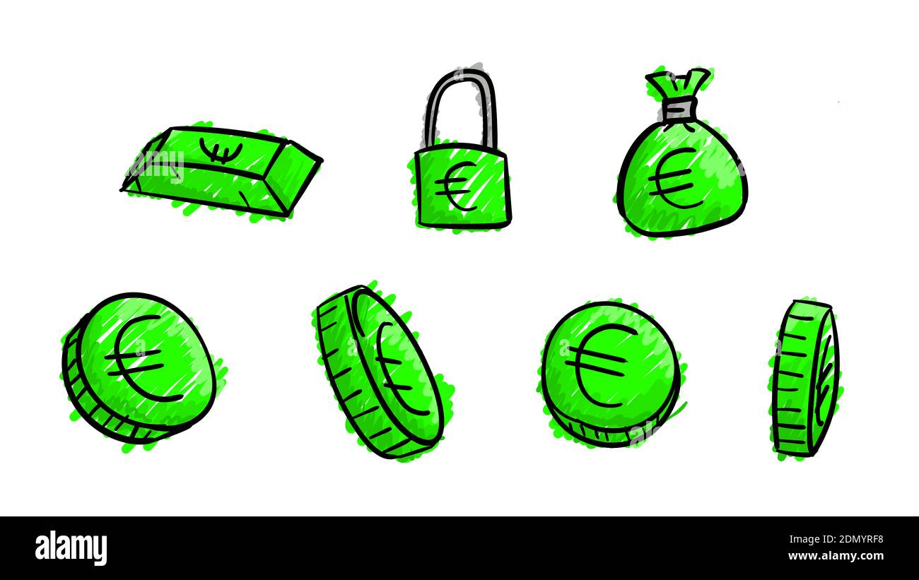 Hand drawn green business euro symbols. 2d money illustration with ...