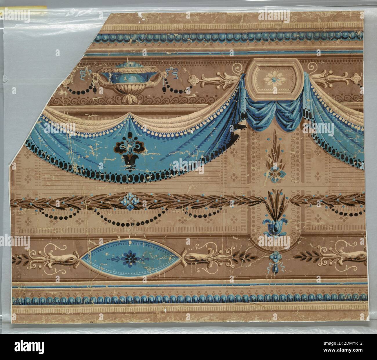 Frieze, Block-printed paper, Frieze of drapery, urns, classic-revival architectural ornament. Beige ground divided into horizontal bandings by brown and blue molding, horizontal pointed elipses with floral and foliate ornamentation, and groupings of parallel lines and geometric shapes. Frieze dominated by draped swags, bright blue, above which are blue urns and which appear draped from small round-ended panels with flower centers. Panels top vertical banding of browns which interrupts horizontals of rest of the ground., France, 1840s, Wallcoverings, Frieze Stock Photo
