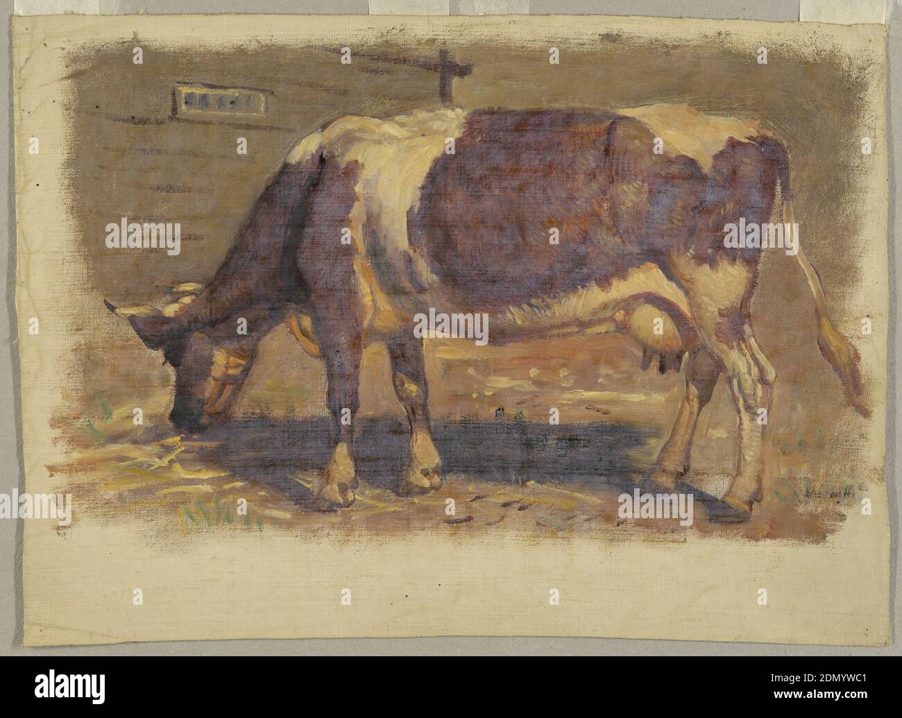 Study of a Grazing Cow, Samuel Colman, American, 1832–1920, Brush and oil paint on canvas, A grazing cow is obliquely shown from the left side. The head is turned toward the left. A part of a timber house with a low window is shown in the left background. Margins with the grounding color., USA, August 1876, animals, Painting, Painting Stock Photo