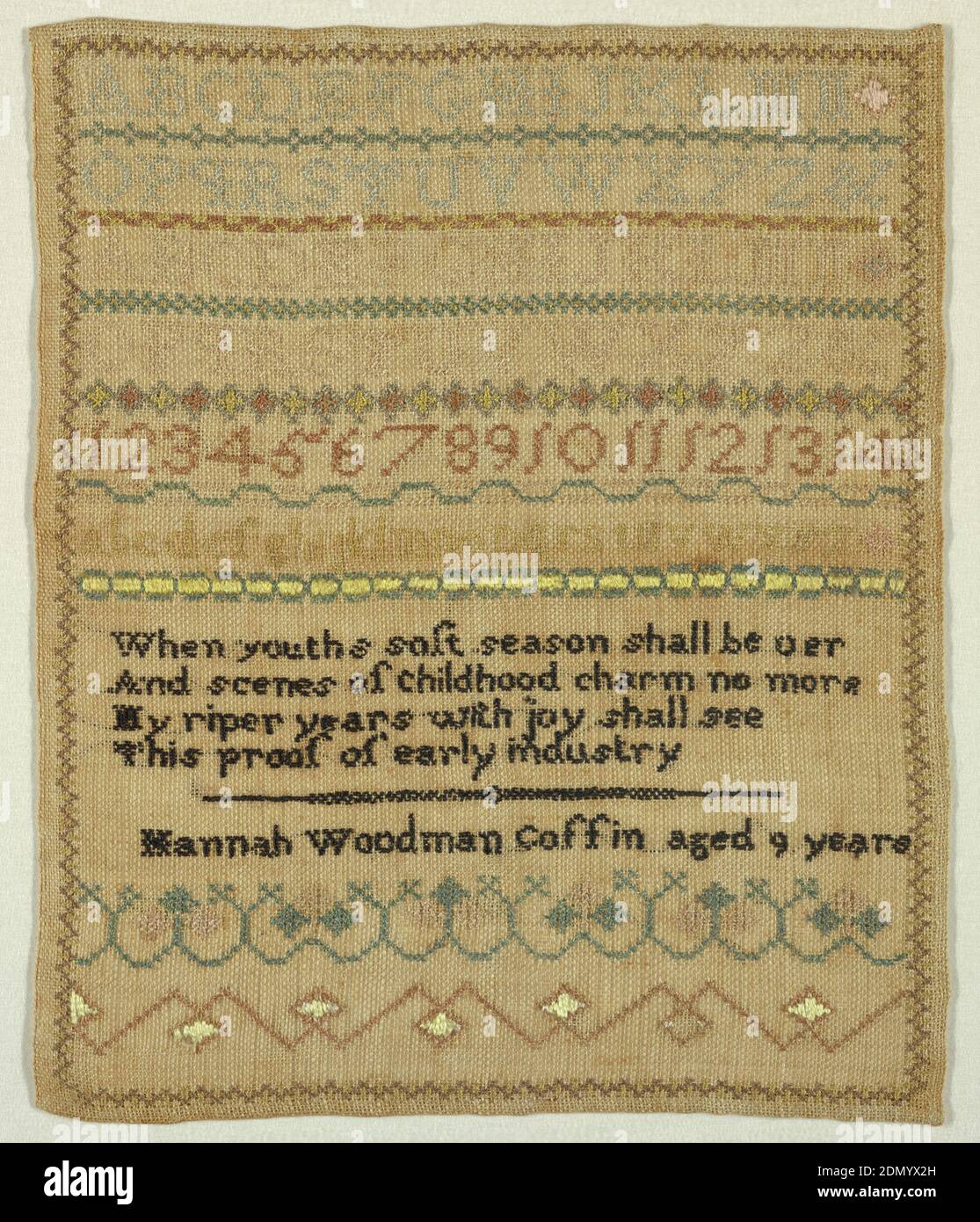 Sampler, Hannah Woodman Coffin, American, Medium: silk embroidery on linen foundation Technique: embroidered in cross stitch on plain weave foundation, Bands of alphabets and numerals separated by narrow geometric cross borders, a verse and inscription, in colored silks on tan linen., The verse reads:, When youths soft season shall be oer, And scenes of childhood charm no more, My riper years with joy shall see, This proof of early industry, USA, early 19th century, embroidery & stitching, Sampler Stock Photo