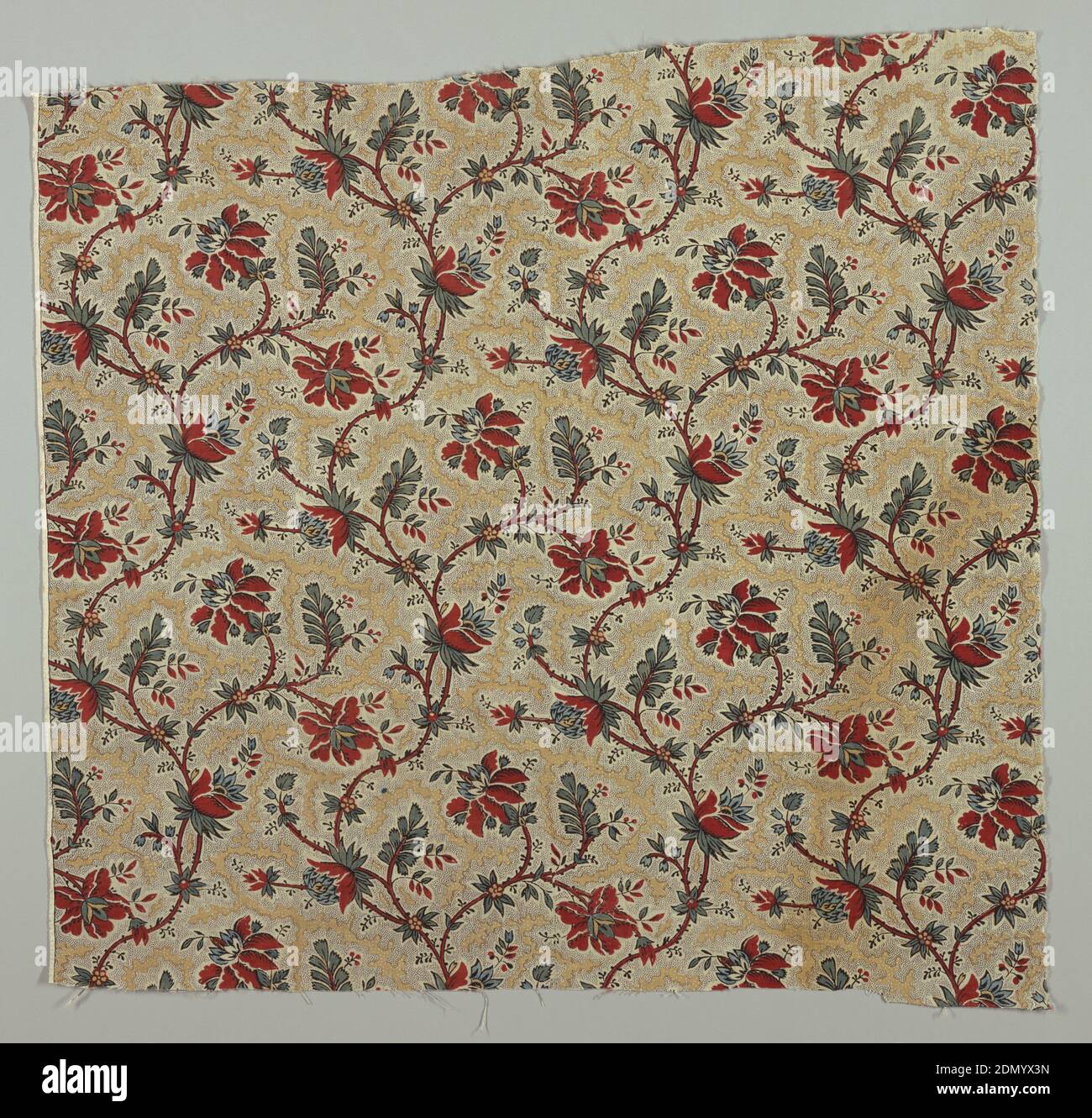 Textile, Medium: linen warp, cotton weft Technique: block printed on plain weave, Curving stem with flowers and leaves on a picottage and vermicular background. Black, mustard, red, and blue., France, 1775–85, printed, dyed & painted textiles, Textile Stock Photo