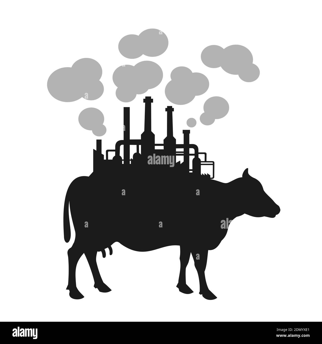 Cow with factory on the back as metaphor of cow fart. Animal is producing greenhouse gas and methane. Cattle and livestock as environmental and ecolog Stock Photo