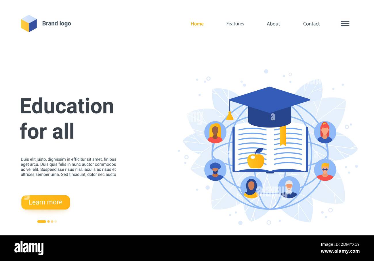 Landing page design for mobile website with cartoon educational symbols, book and graduate hat, diverse man and woman group flat avatar icons. Education for people different races vector illustration Stock Vector