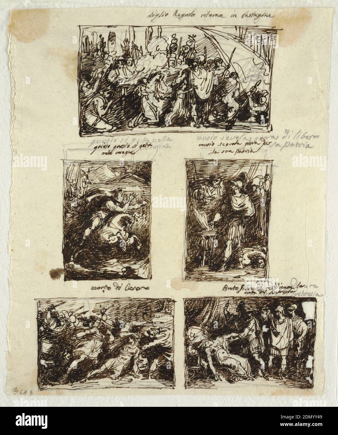 Design for Various Decorations including Coriolanus at the Walls of Rome, Felice Giani, Italian, 1758–1823, Pen and brown ink, brush and wash over black chalk on laid paper, Left row, above: putto blowing double flute; at right, an altar. Center: putto with wreath running into chariot with panoply. Below: putto with legionary sign beside trophy. Central row, above: Coriolanus implored by women of Rome, rising from throne at right. Center: left half of decoration is roughly sketched. In center is high shaft with bowl, Rinceaux spring from it, putti and boy are between them. Stock Photo