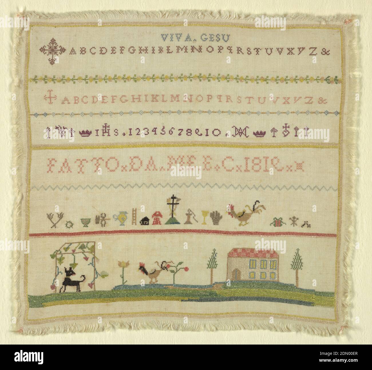 Sampler, Medium: silk embroidery on linen foundation Technique: embroidered in cross and eyelet stitches on plain weave foundation, Bands of two alphabets introduced by Maltese crosses, signature, symbols of the passion and landscape., Italy, 1819, embroidery & stitching, Sampler Stock Photo