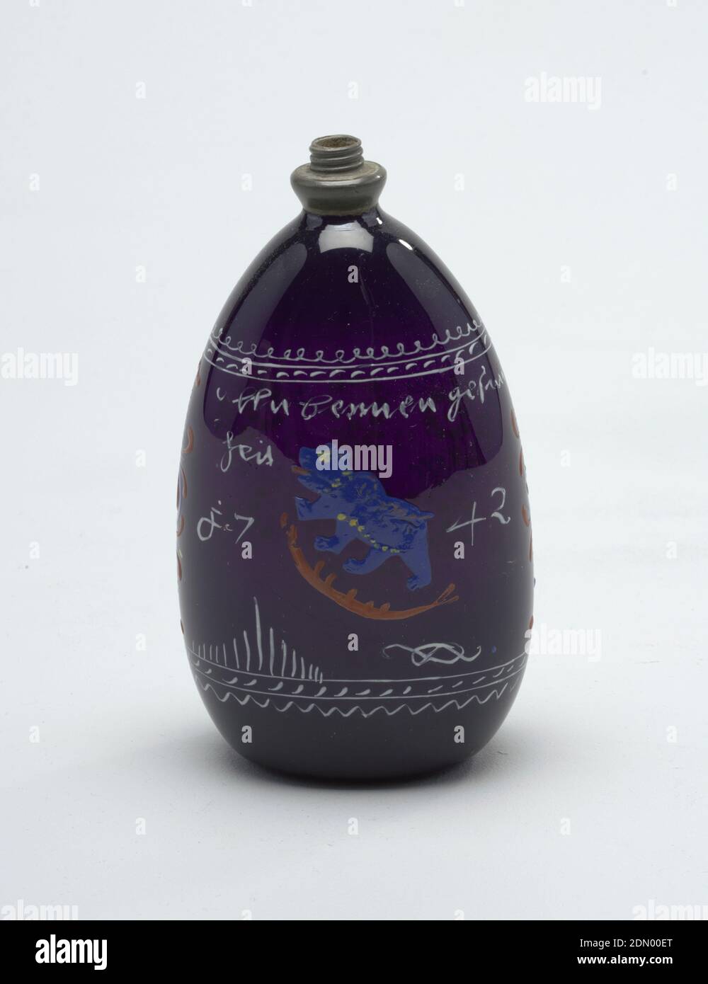 Bottle, Painted glass, Tear-drop shaped glass in deep purple with painted decoration., Switzerland, 18th century, glasswares, Decorative Arts, Bottle Stock Photo