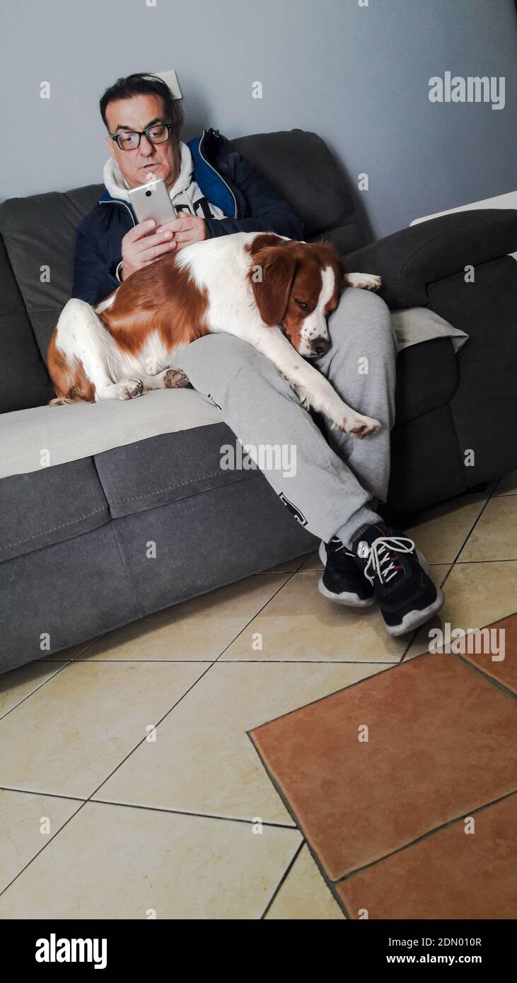 Man With Dog On Sofa At Home Stock Photo Alamy